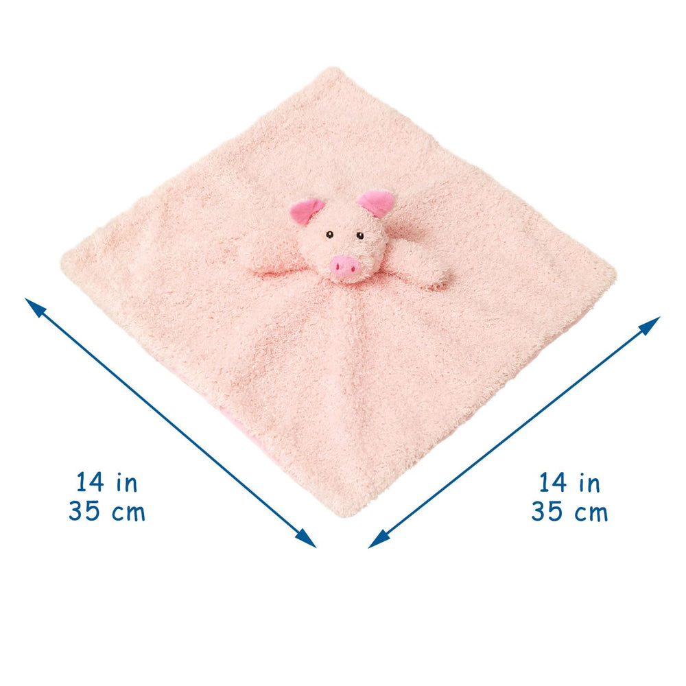 Doindute pink pig lovie closeup shows embroidered eyes for comforting texture.