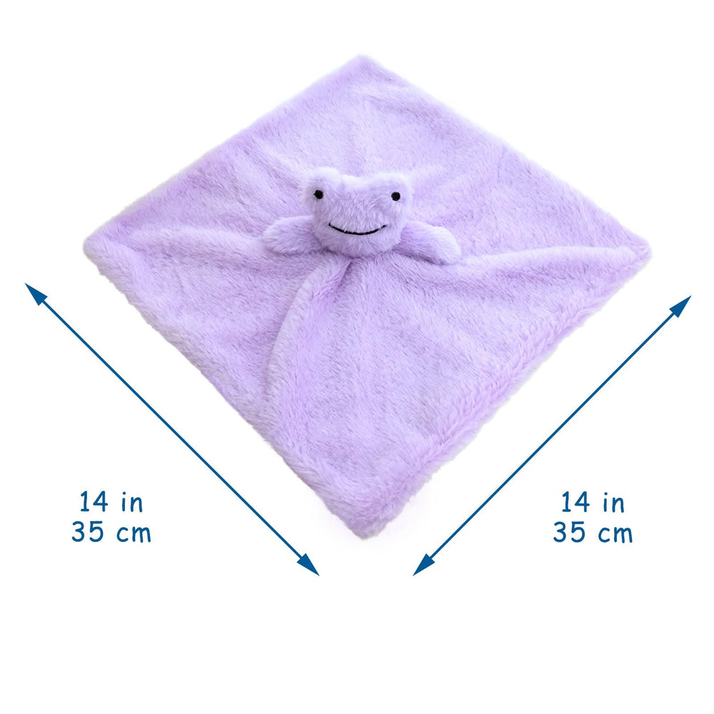 Doindute plush frog security blanket with embroidered features for safe cuddling.