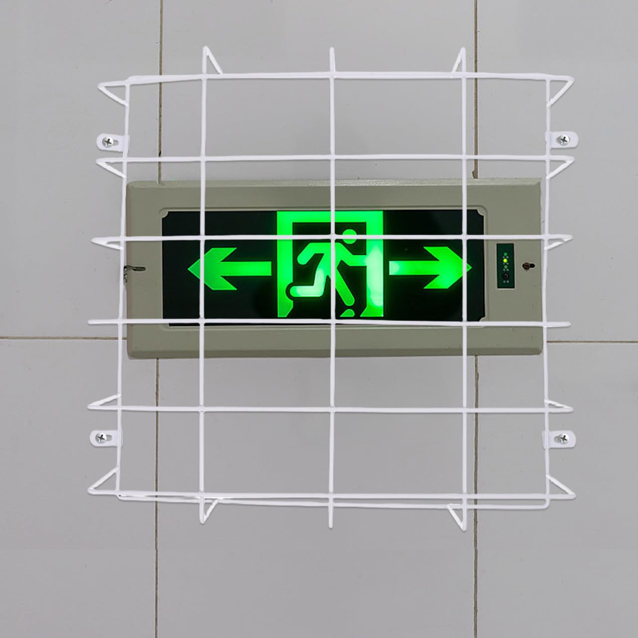 DOITOOL exit sign cage side view highlights strong guard preventing damage.