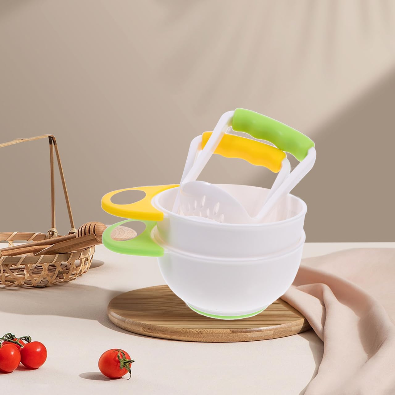In-use tabletop setup demonstrates quick mashing of steamed veggies.
