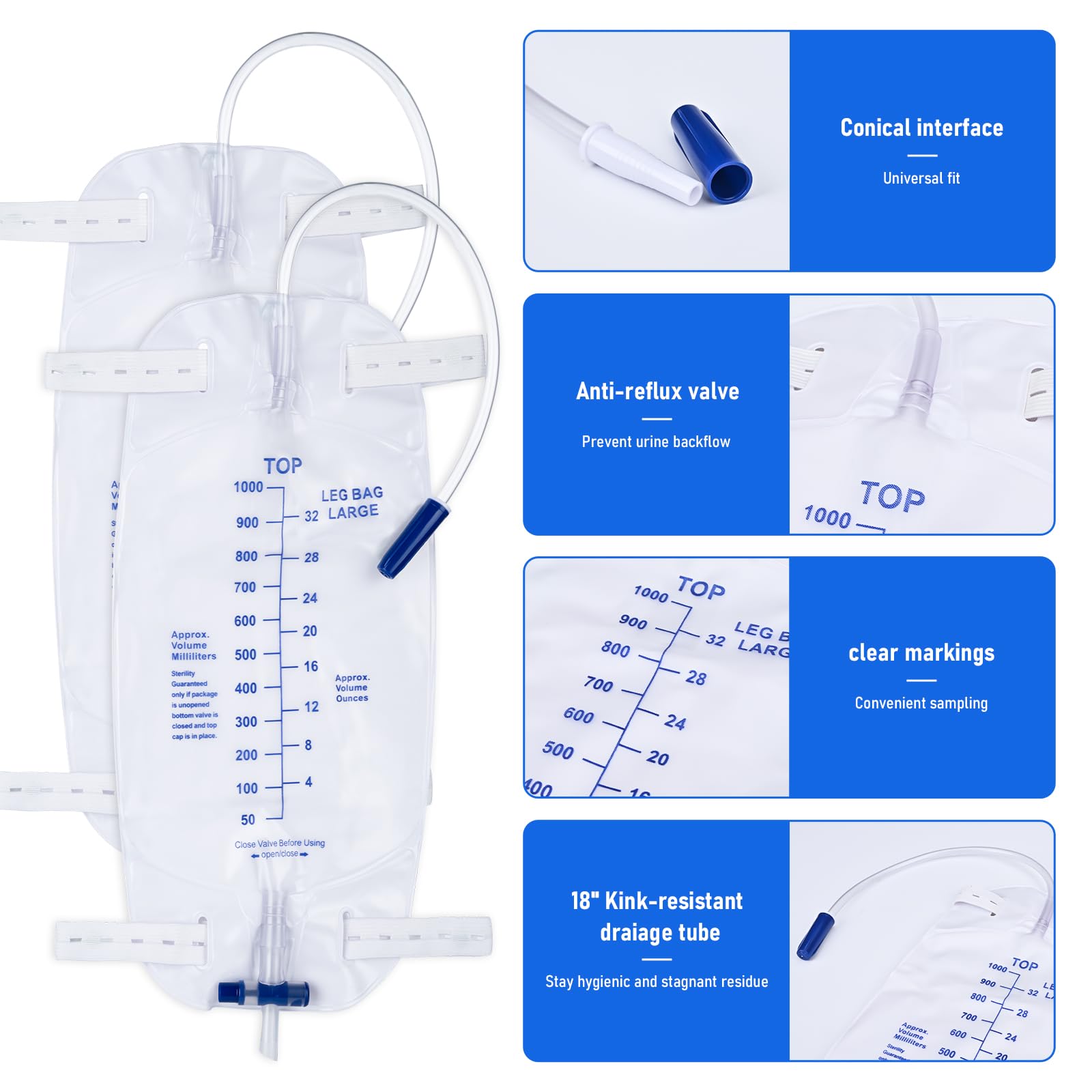 DOKIBI leg bag features measurement scale for easy monitoring.