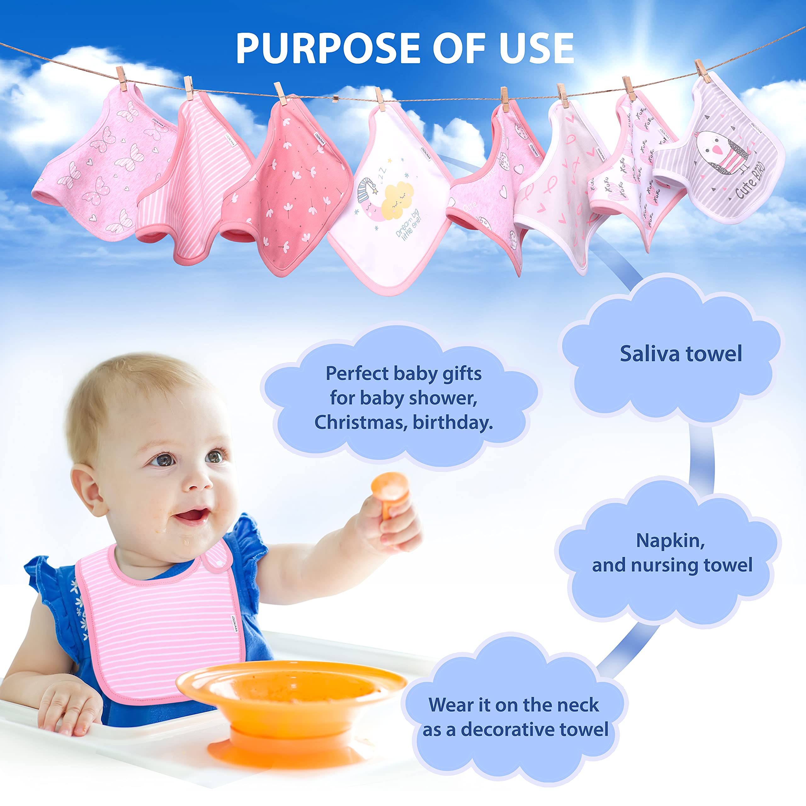 DOKMA baby wearing bandana bib enhances outfit while staying dry.