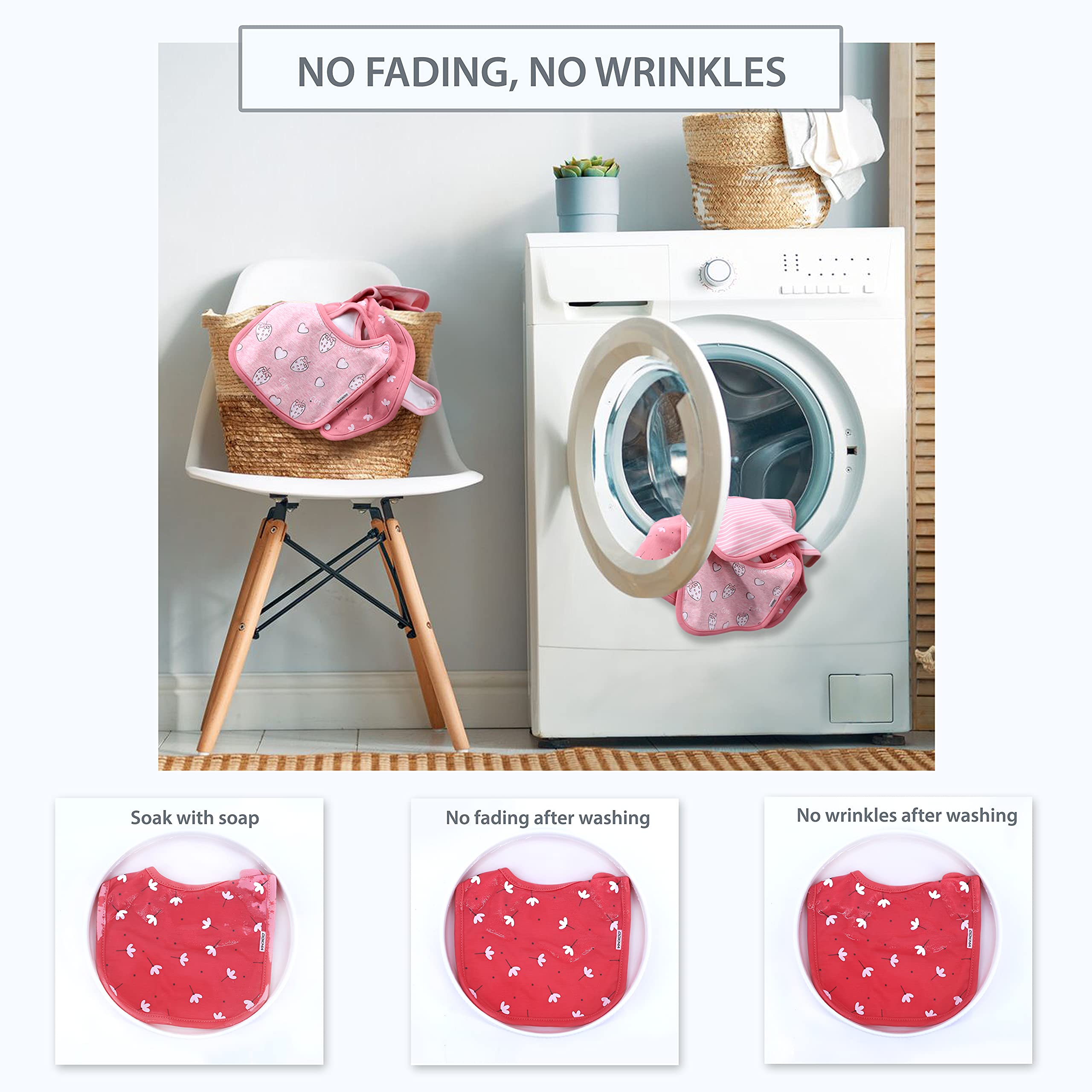 DOKMA pink-white-gray bibs illustrate stylish daily wear.
