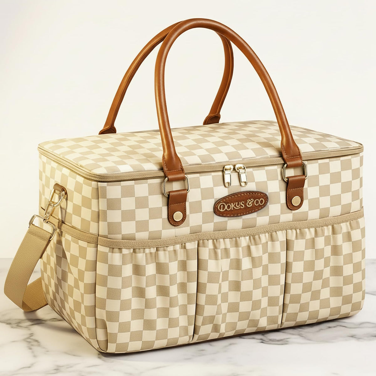 DOKUS & CO Luxe Caddy tote front view for organized baby and pet essentials on the go.