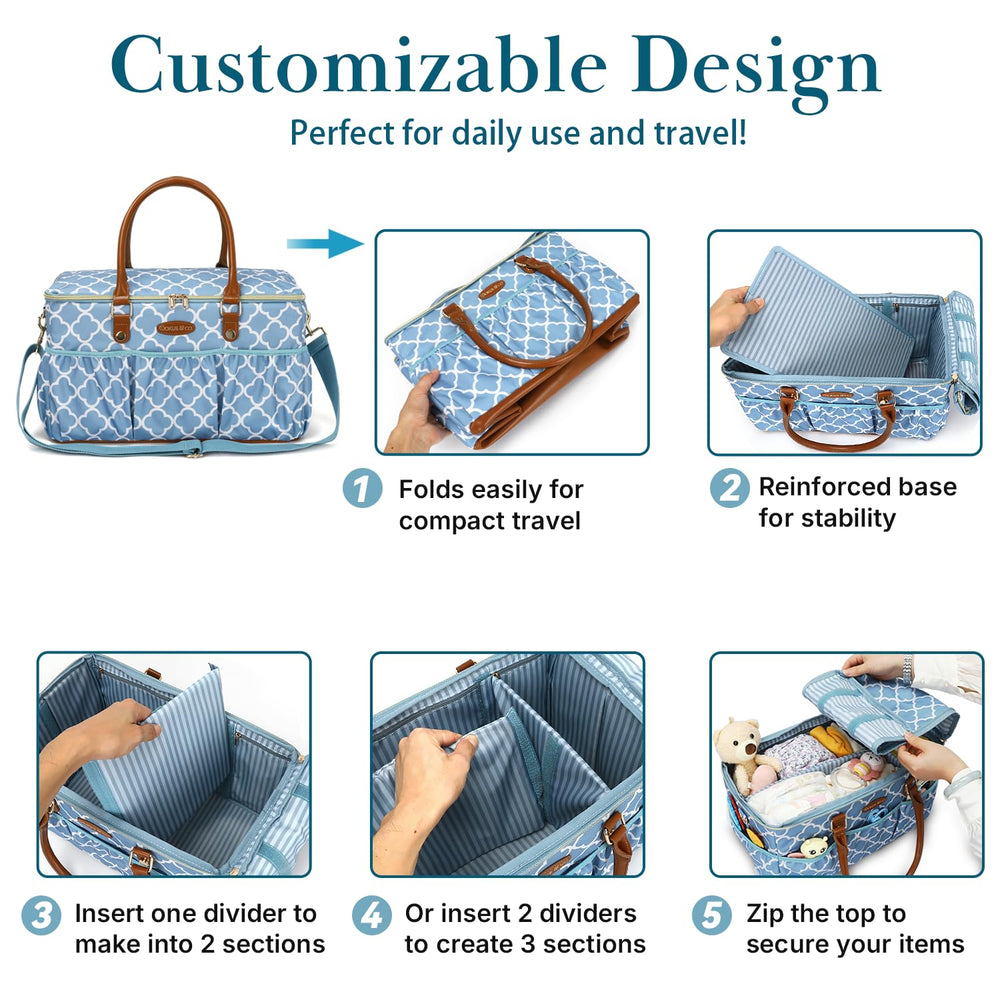 DOKUS & CO Luxe Diaper Caddy Tote open compartments showing organized essentials at a glance.