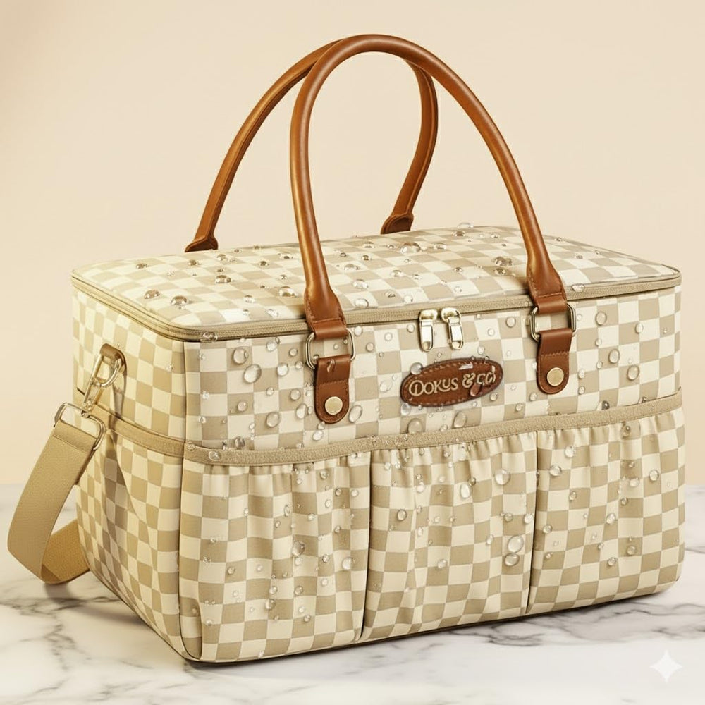 DOKUS & CO Luxe Caddy adjustable shoulder strap for comfortable hands-free transport.