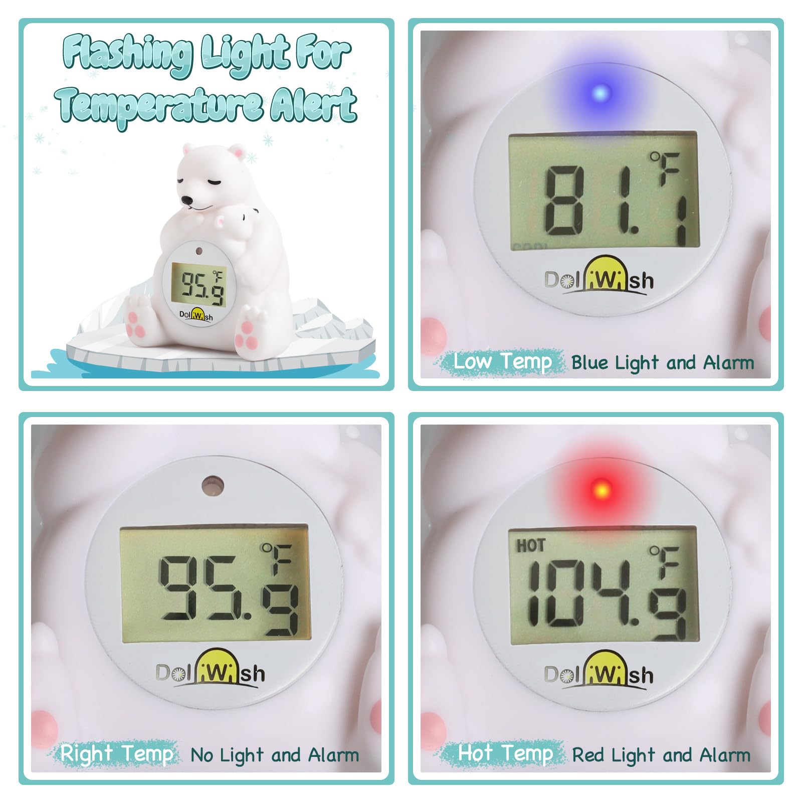 DoliWish bath time use in nursery demonstrates easy temperature monitoring.