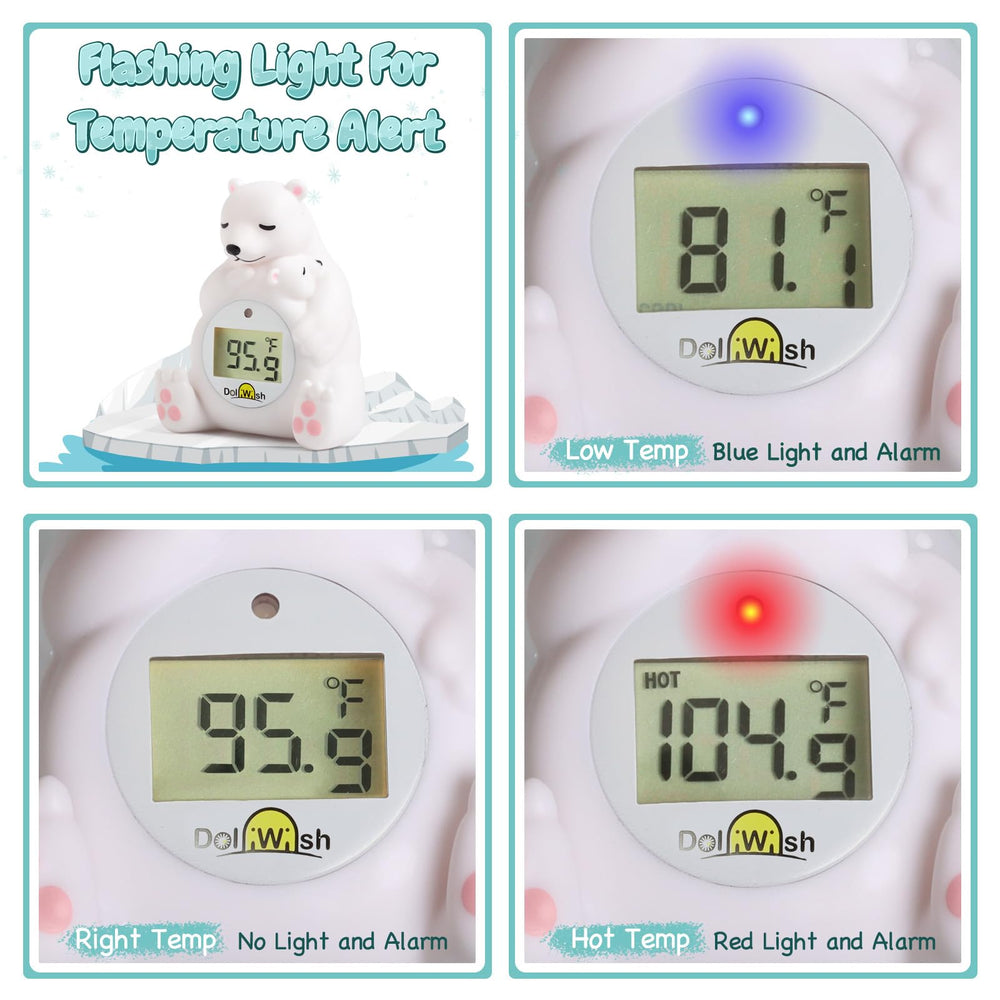 DoliWish bath time use in nursery demonstrates easy temperature monitoring.