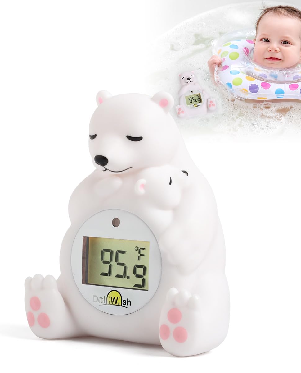 DoliWish polar bear bath thermometer floating toy guides gentle bath temperature for babies.