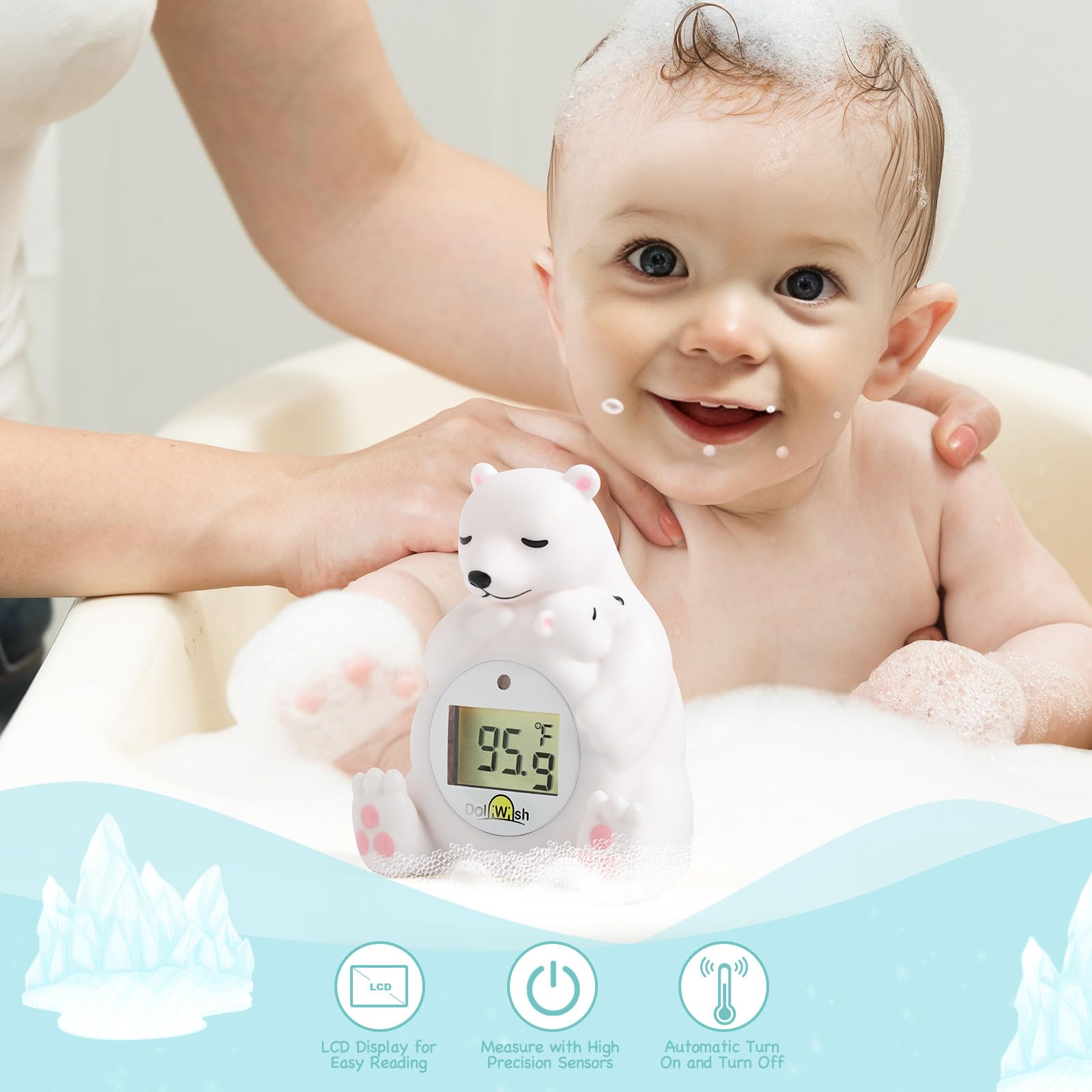 DoliWish temp alert lights indicate comfortable ranges with color cues during baths.