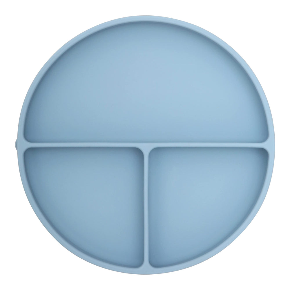 Dollop silicone suction plate in slate blue stays secure to reduce mess during meals.