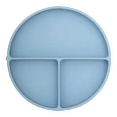 Dollop silicone suction plate in slate blue stays secure to reduce mess during meals.