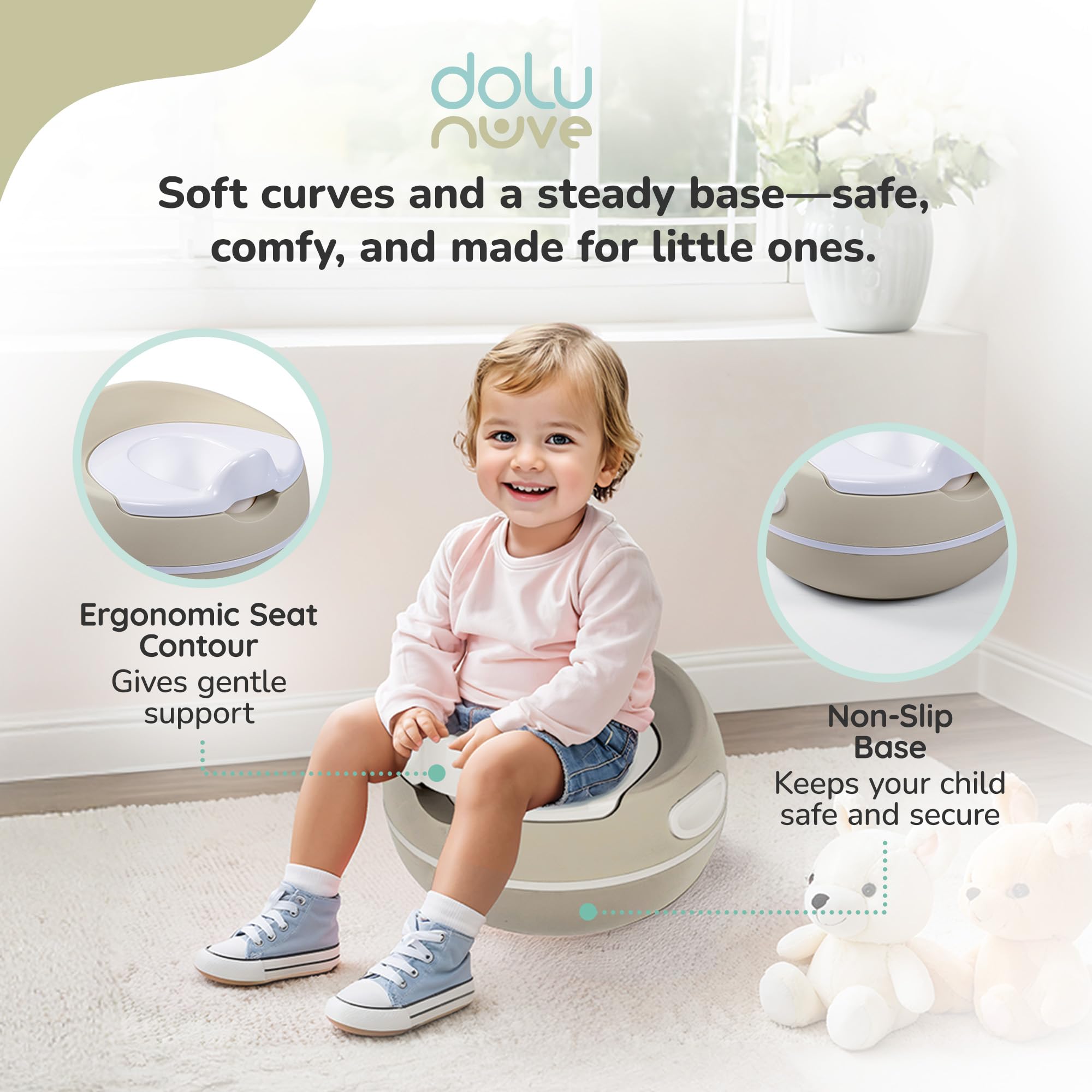 Dolu Nuve premium potty seat contoured seat communicates comfortable, supportive seating for toddlers.