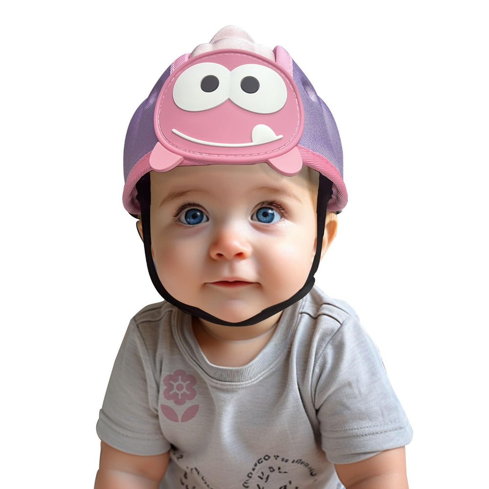 Purple-pink Domayllay helmet fits growing infants during play.