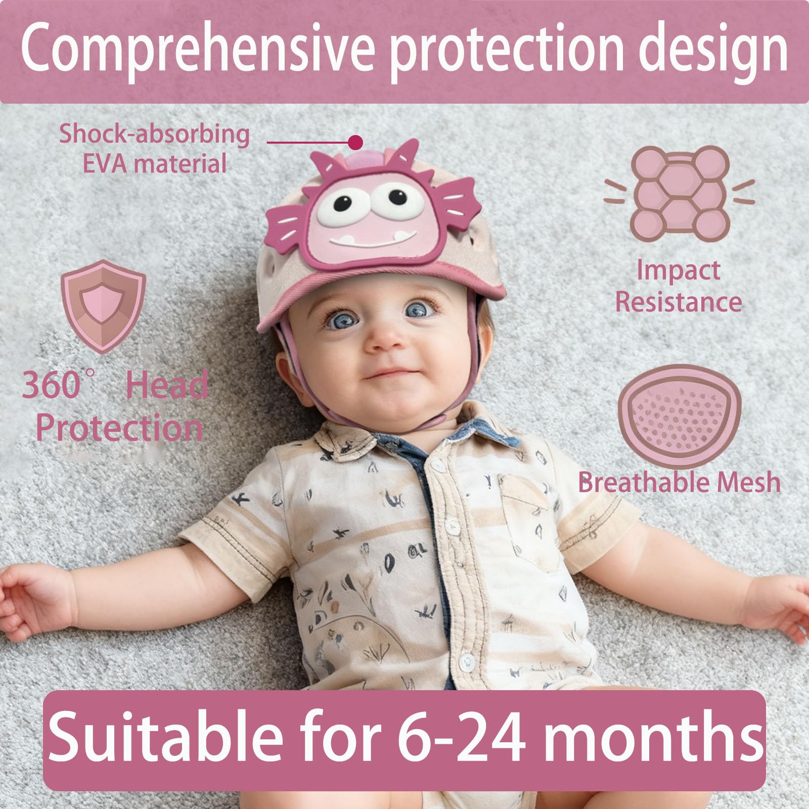 Domayllay Dino Light Pink helmet vent design keeps heads cool during play.