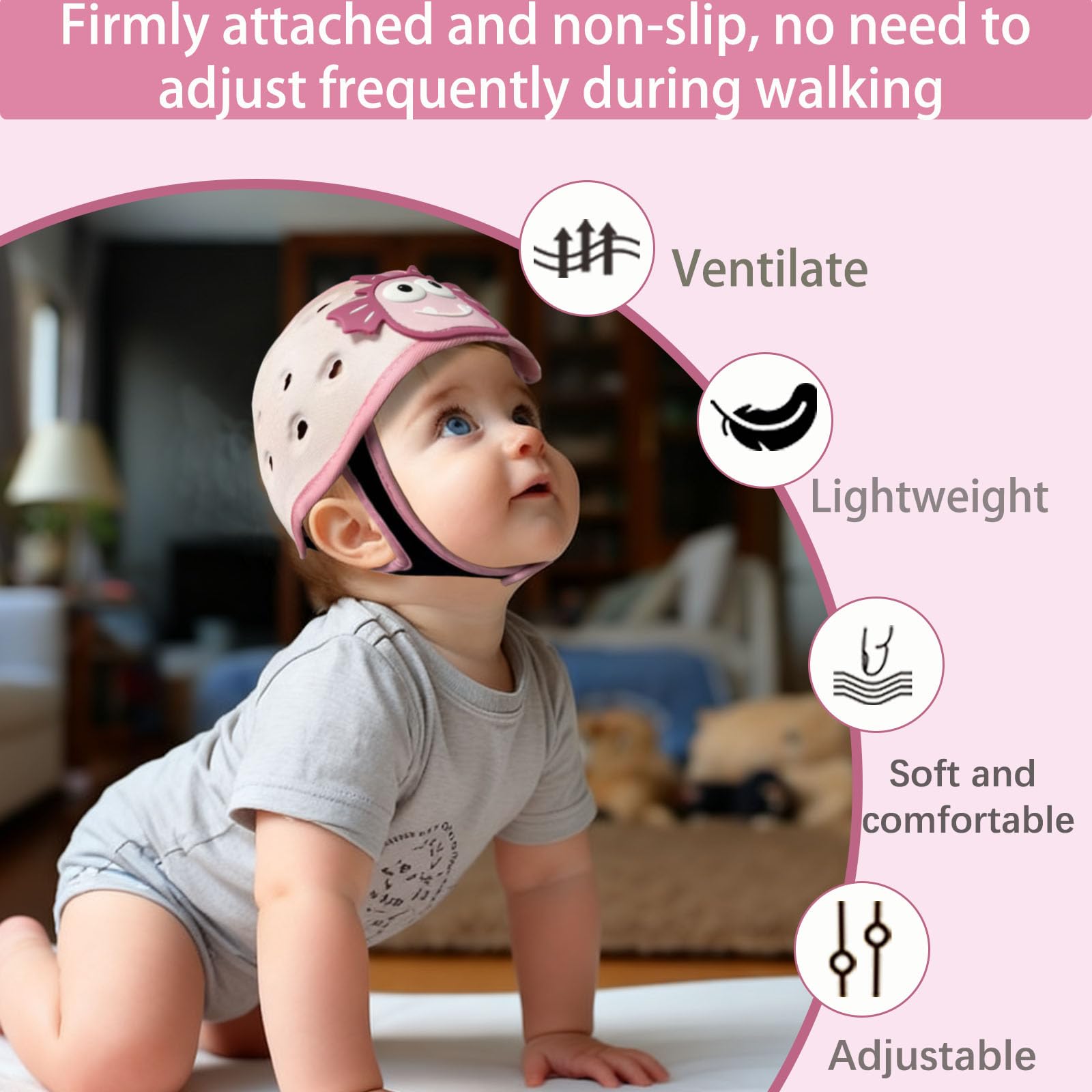 Domayllay Dino Light Pink helmet close-up of soft cushioning for gentle protection.