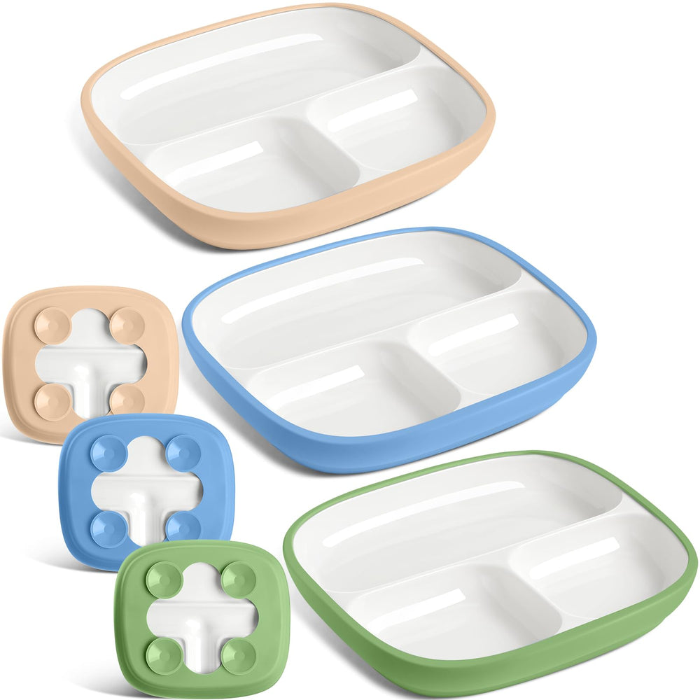 Domensi 3-set porcelain plates with silicone sleeves offer a secure grip for mess-free meals.