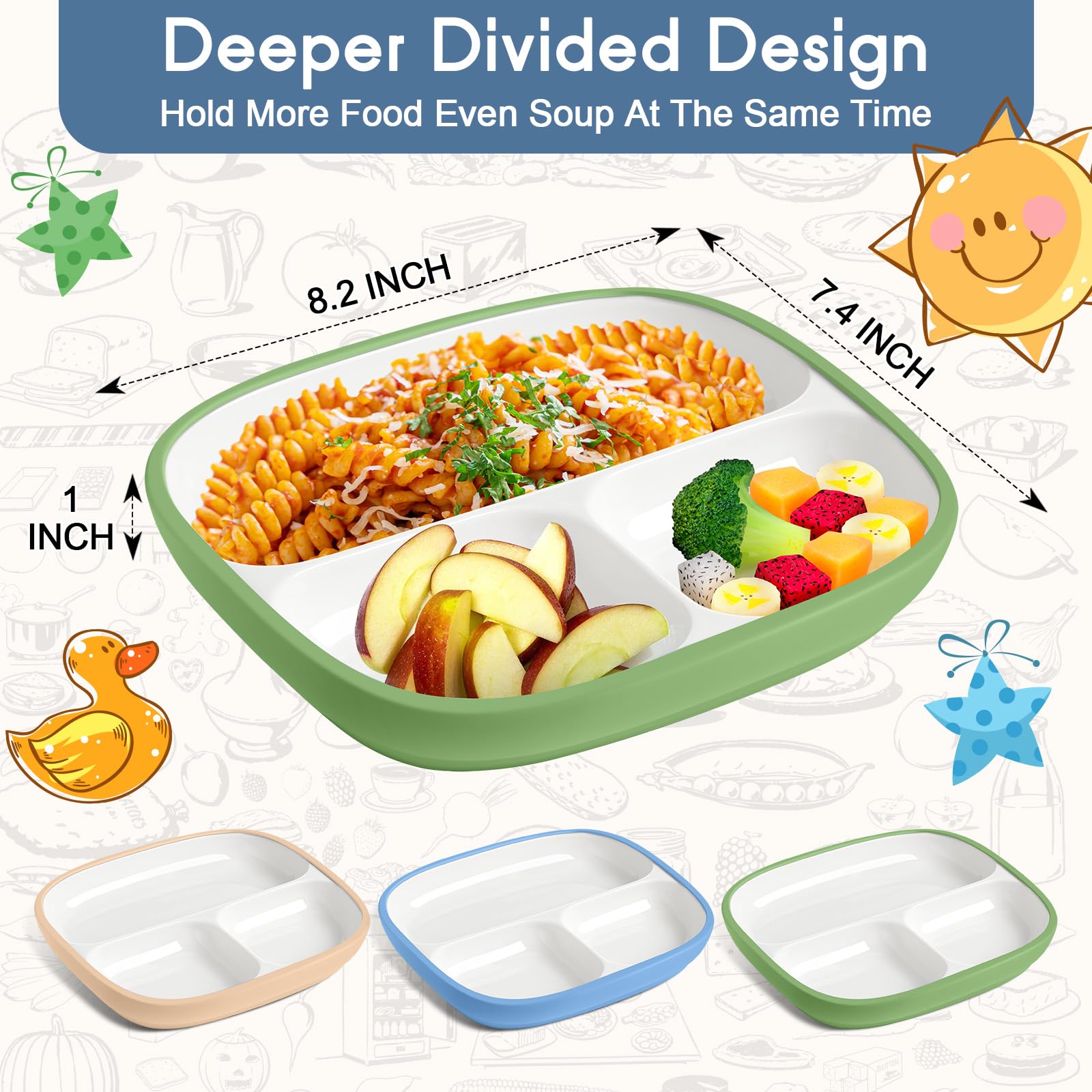 Domensi 8.2-inch divided porcelain plates with suction keep meals organized and stable.