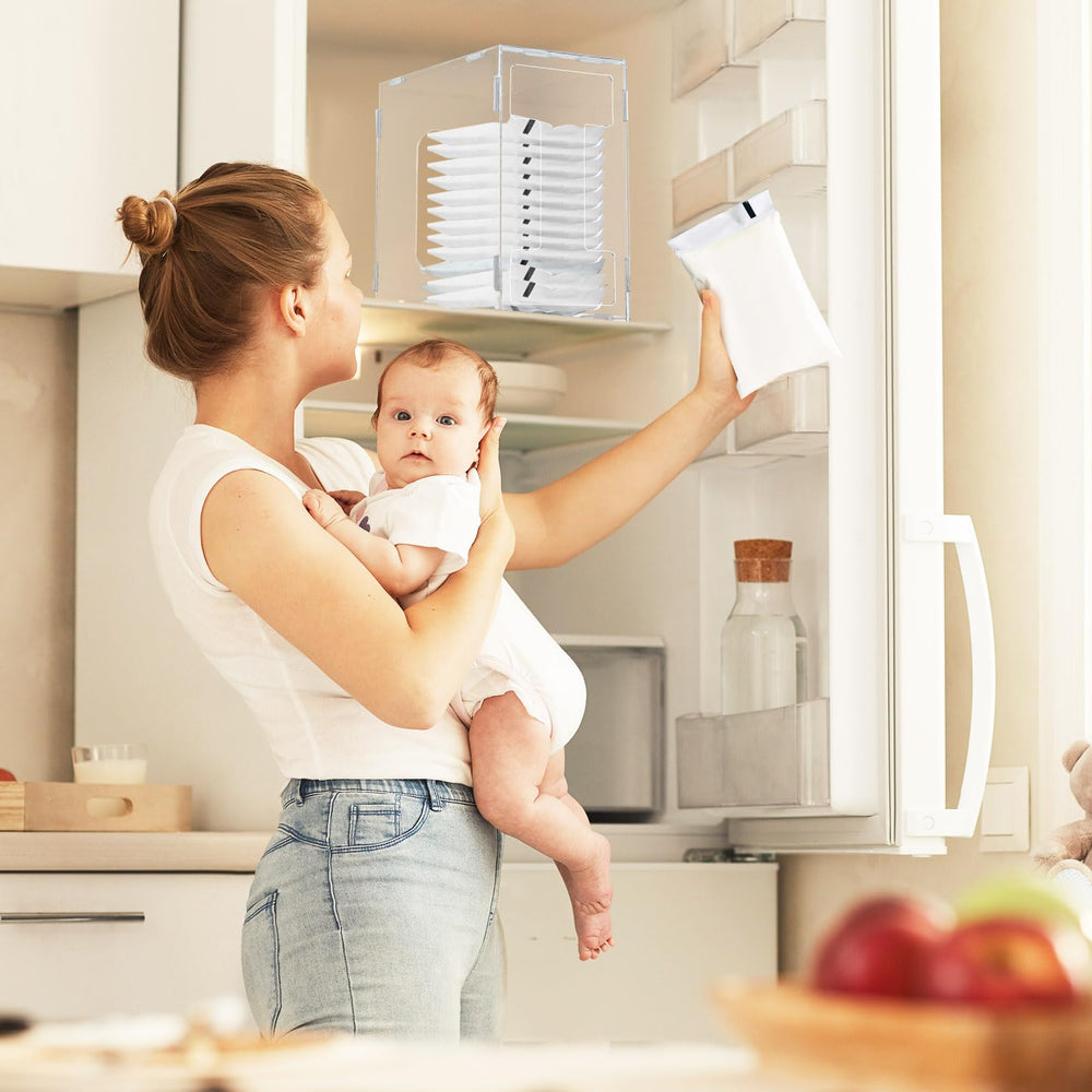 Domensi breast milk storage tower close-up highlights middle baffle for bag stability.
