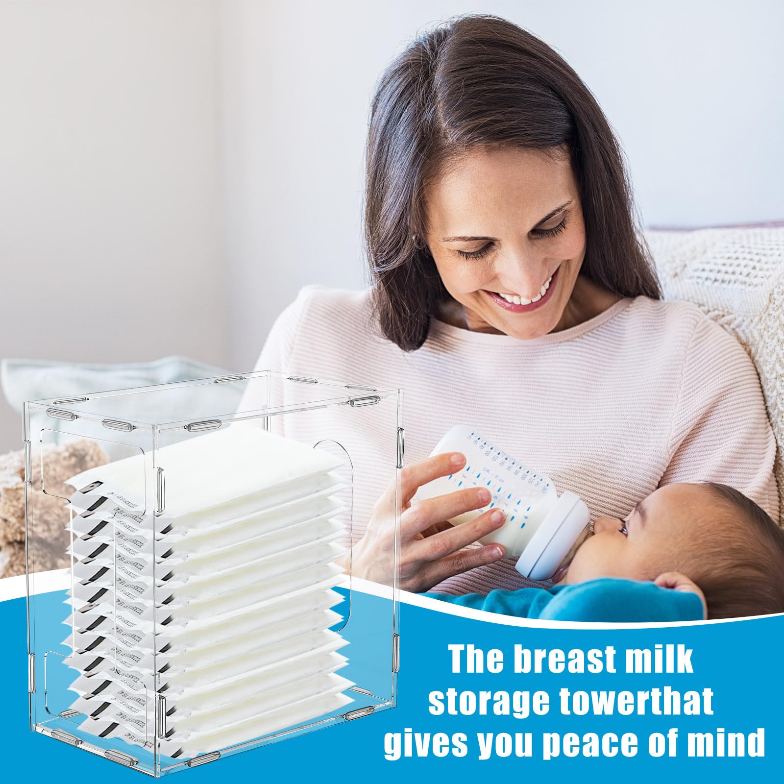 Domensi breast milk storage tower in fridge demonstrates space-saving organization.