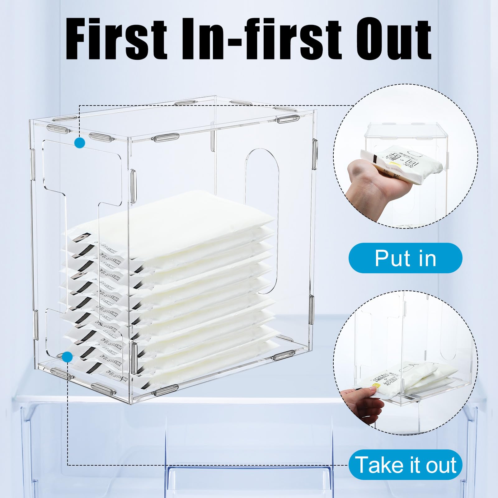 Domensi breast milk storage tower top view shows compact footprint for fridge efficiency.