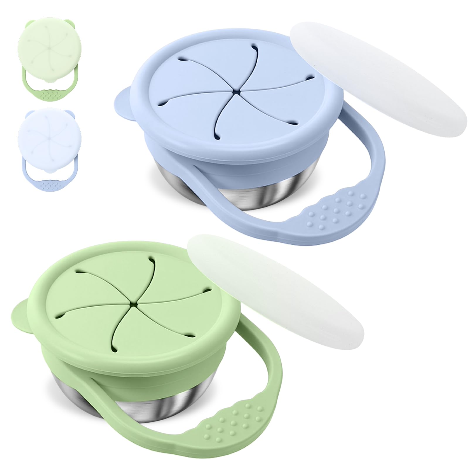 Domensi green-gray snack cups close-up highlights the 3-in-1 design for easy snacking.