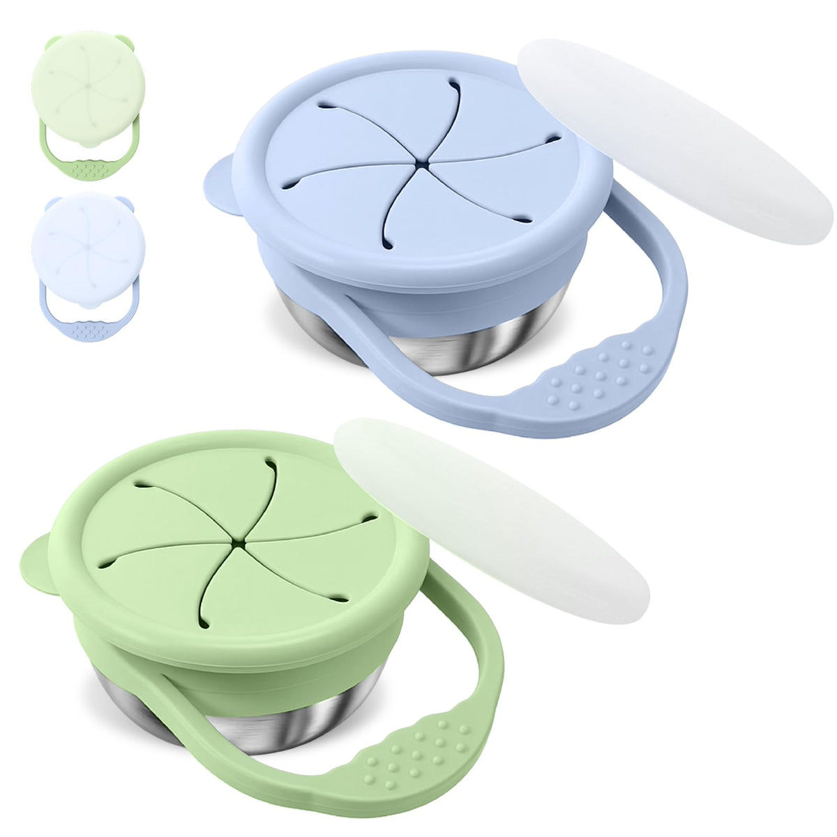 Domensi green-gray snack cups close-up highlights the 3-in-1 design for easy snacking.