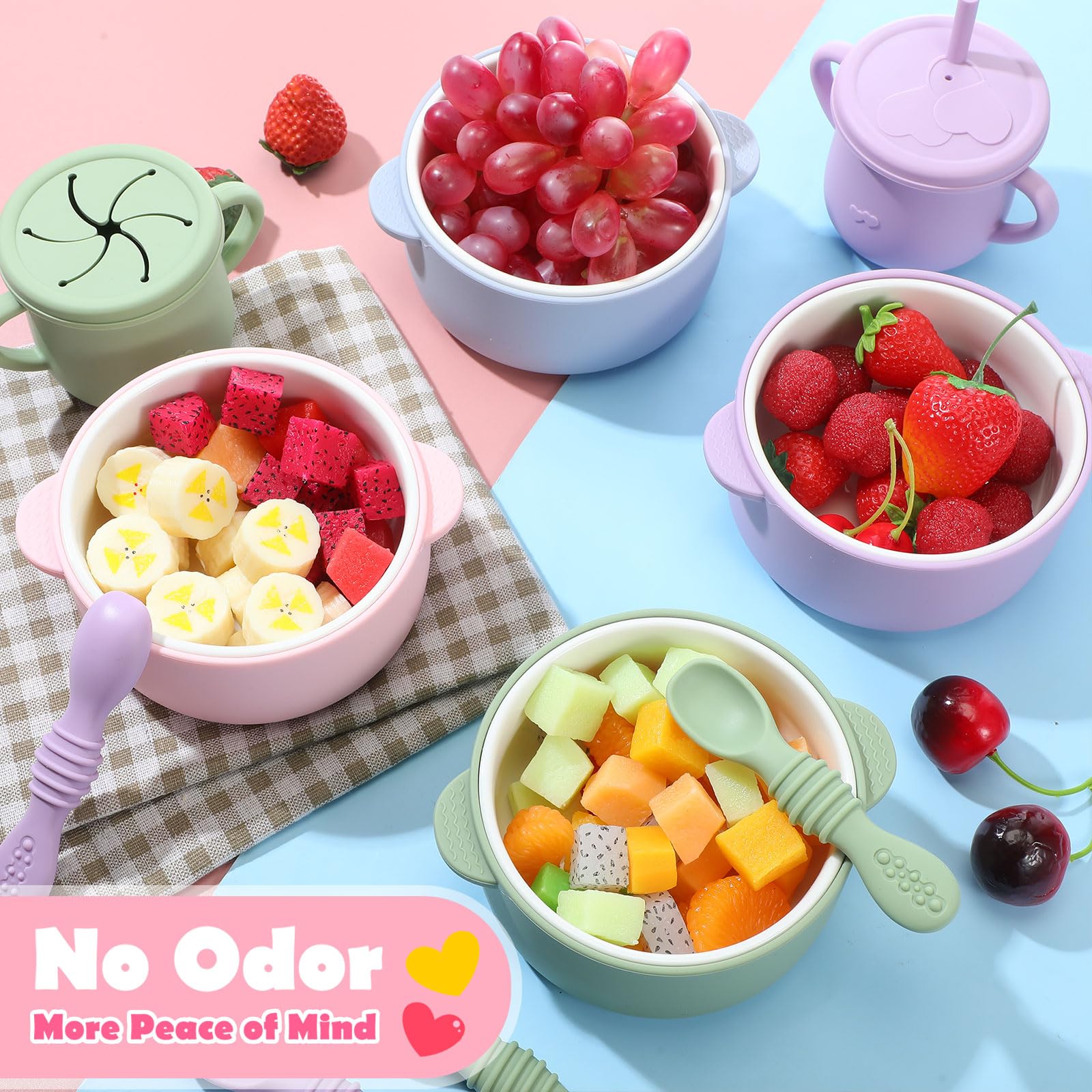 Removable silicone shell enhances grip and keeps bowls steady on the table.