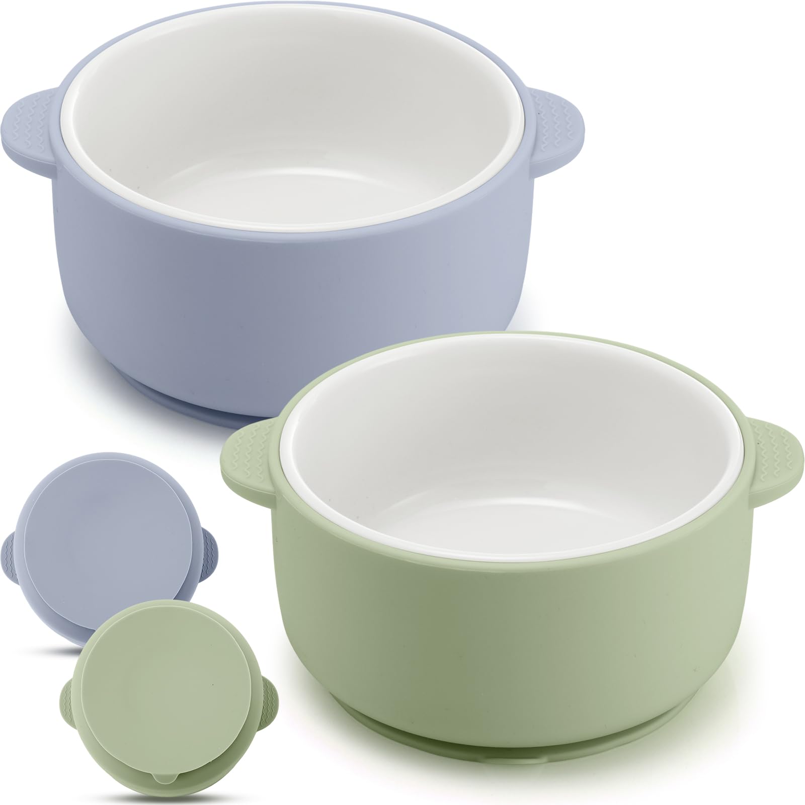 Domensi kid porcelain bowl with blue suction sleeve for mess-free meals