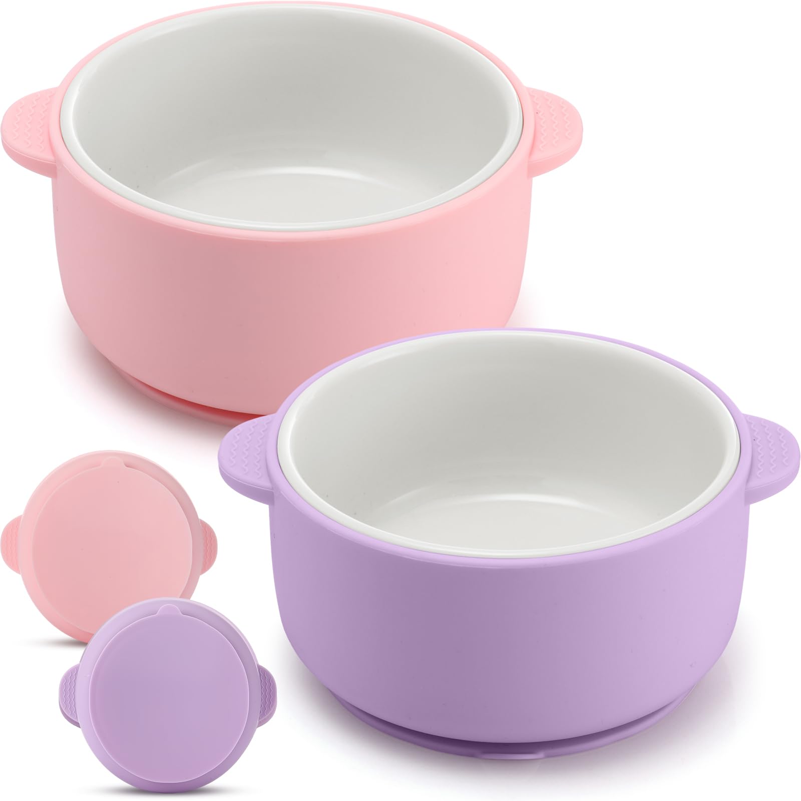Domensi kids porcelain bowls with pink suction sleeve for mess-free meals