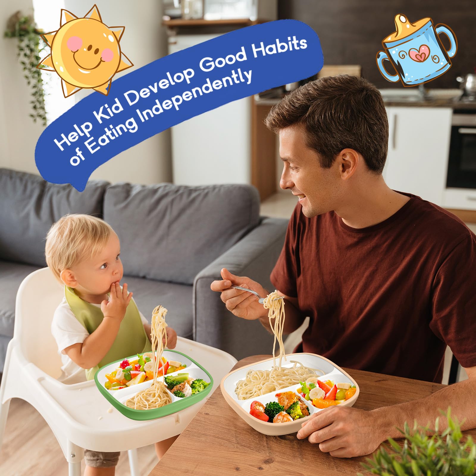 Domensi self-feeding divided plates help keep foods separated for independent eating.