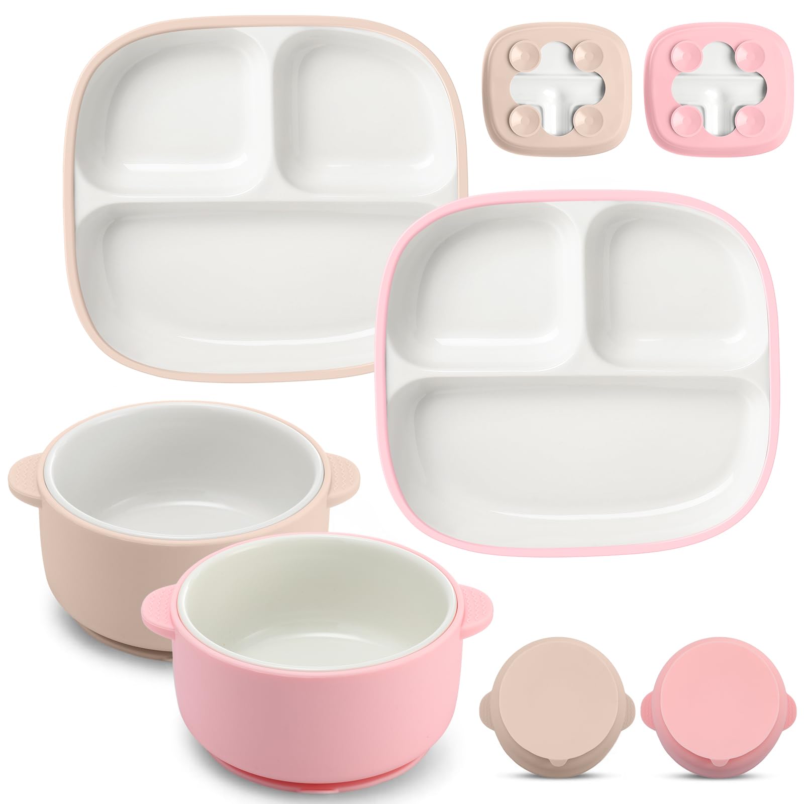 Domensi square porcelain plate with suction stays put for mess-free meals.