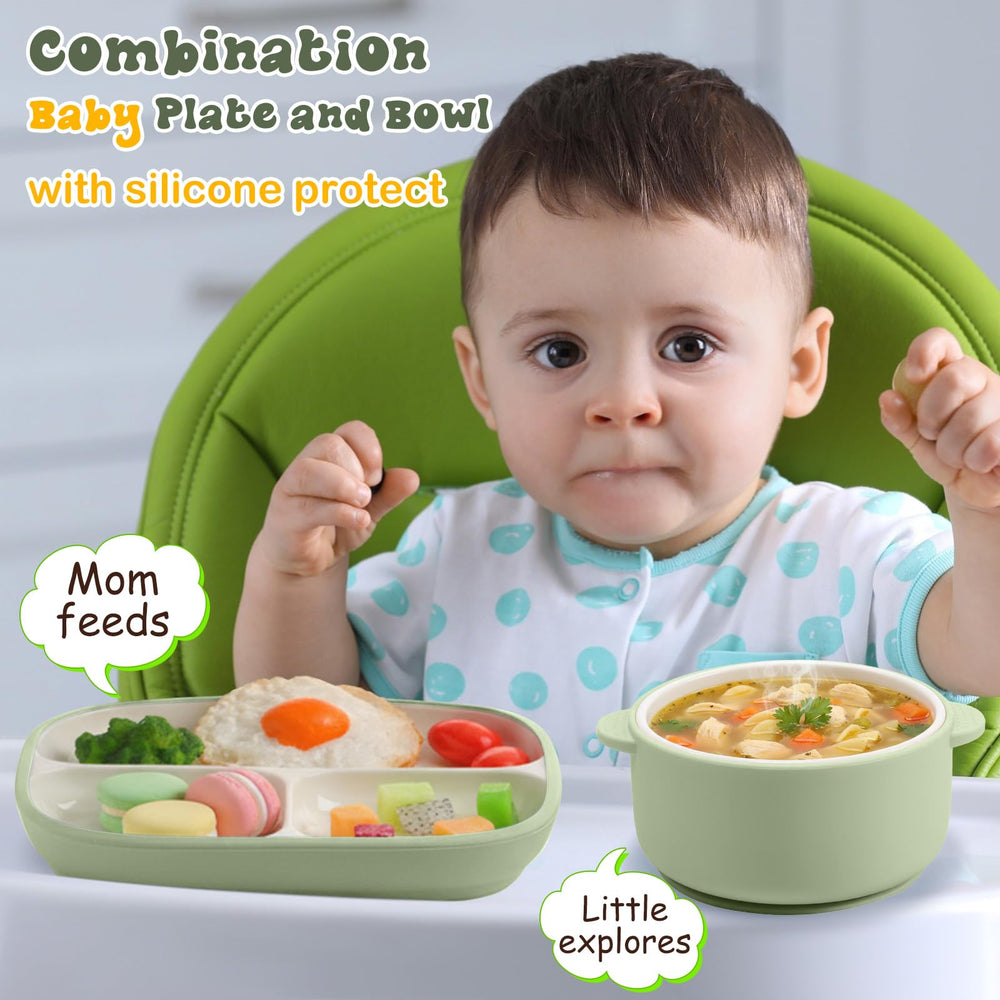 Domensi green toddler bowl with anti-slip sleeve.