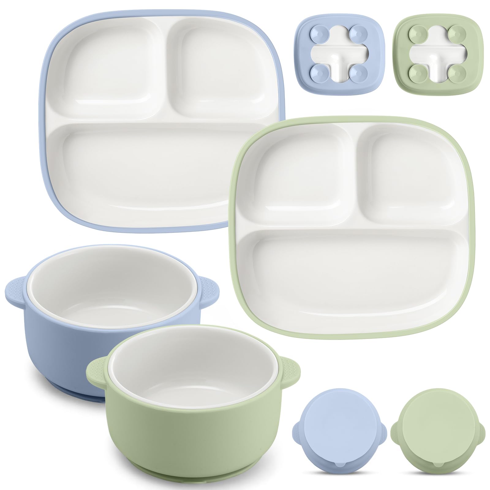 Domensi blue toddler plate with suction keeps meals in place.