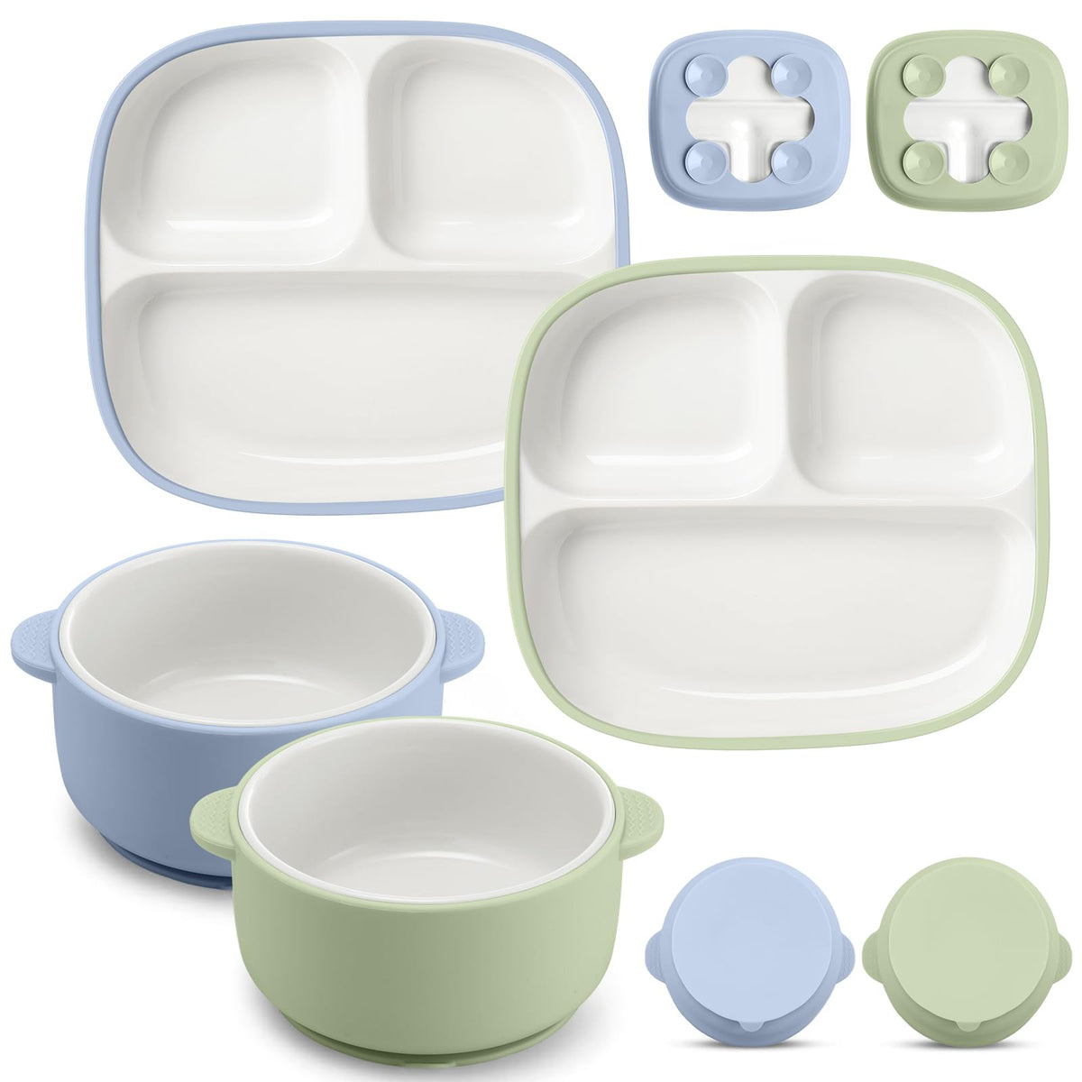 Domensi blue toddler plate with suction keeps meals in place.