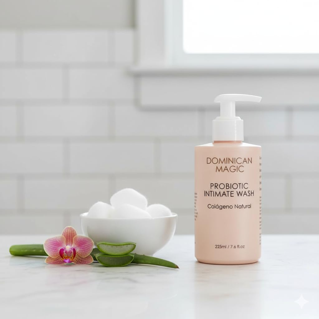 Dominican Magic pH balance graphic illustrates microbiome-friendly cleansing concept.
