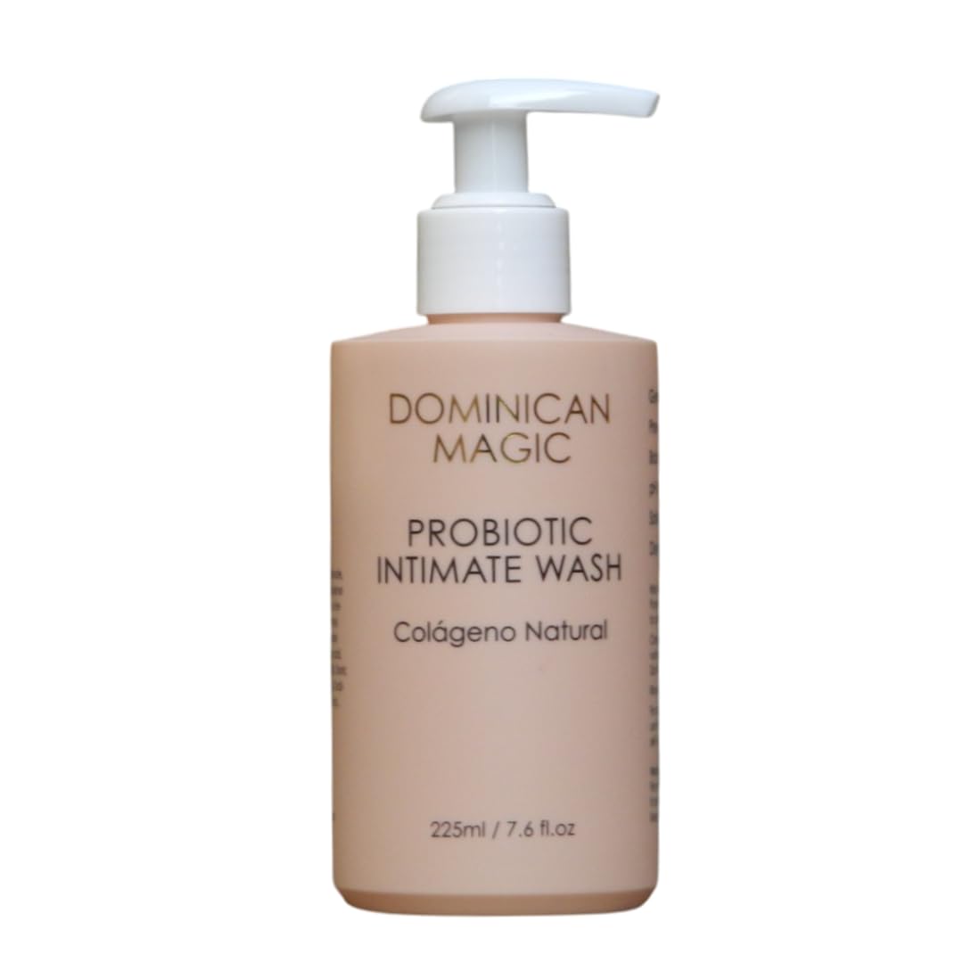 Dominican Magic Probiotic Intimate Wash bottle highlights gentle cleansing for daily freshness.