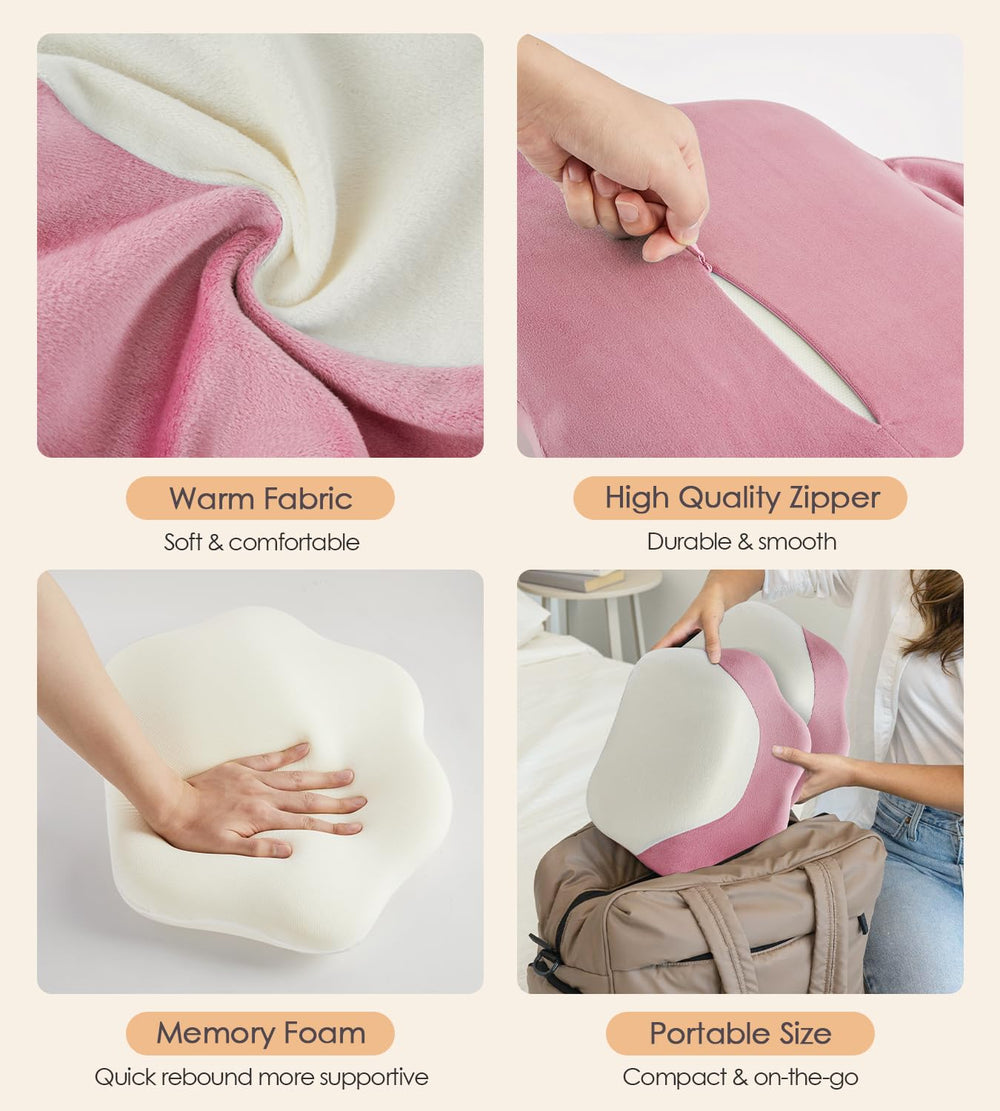 Compact DONAMA pillow fits beds or car seats for on-the-go relief.