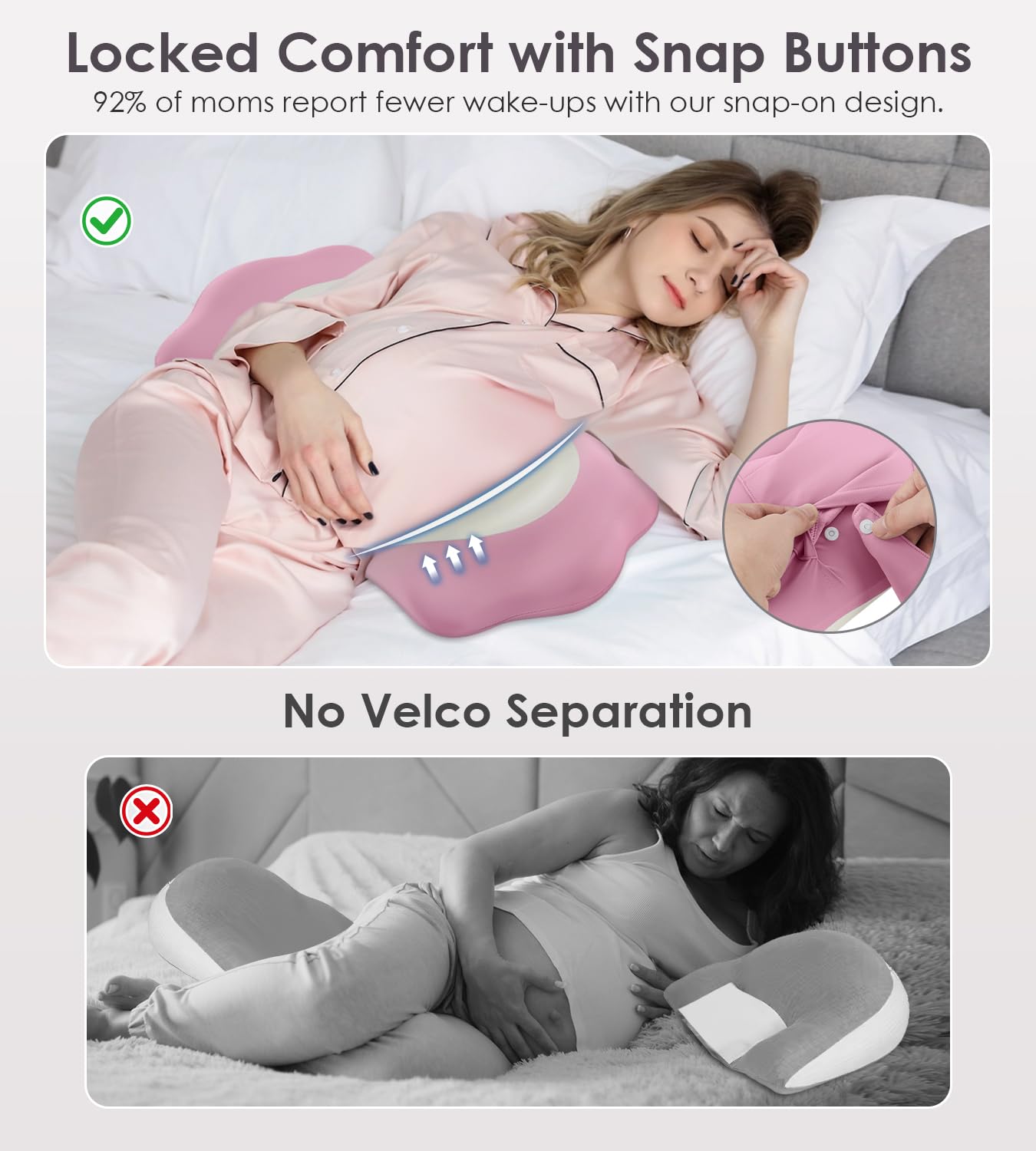 Extendable sides on the DONAMA pillow adapt to growing belly size
