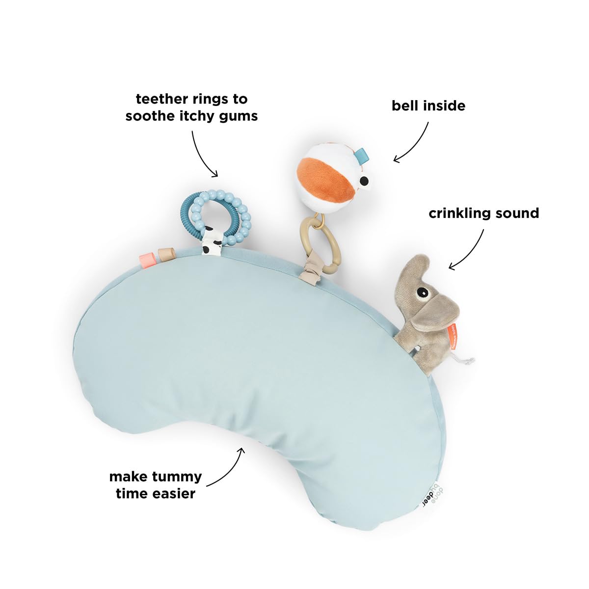 Elphee rings teether detail highlights soothing gums during tummy time.