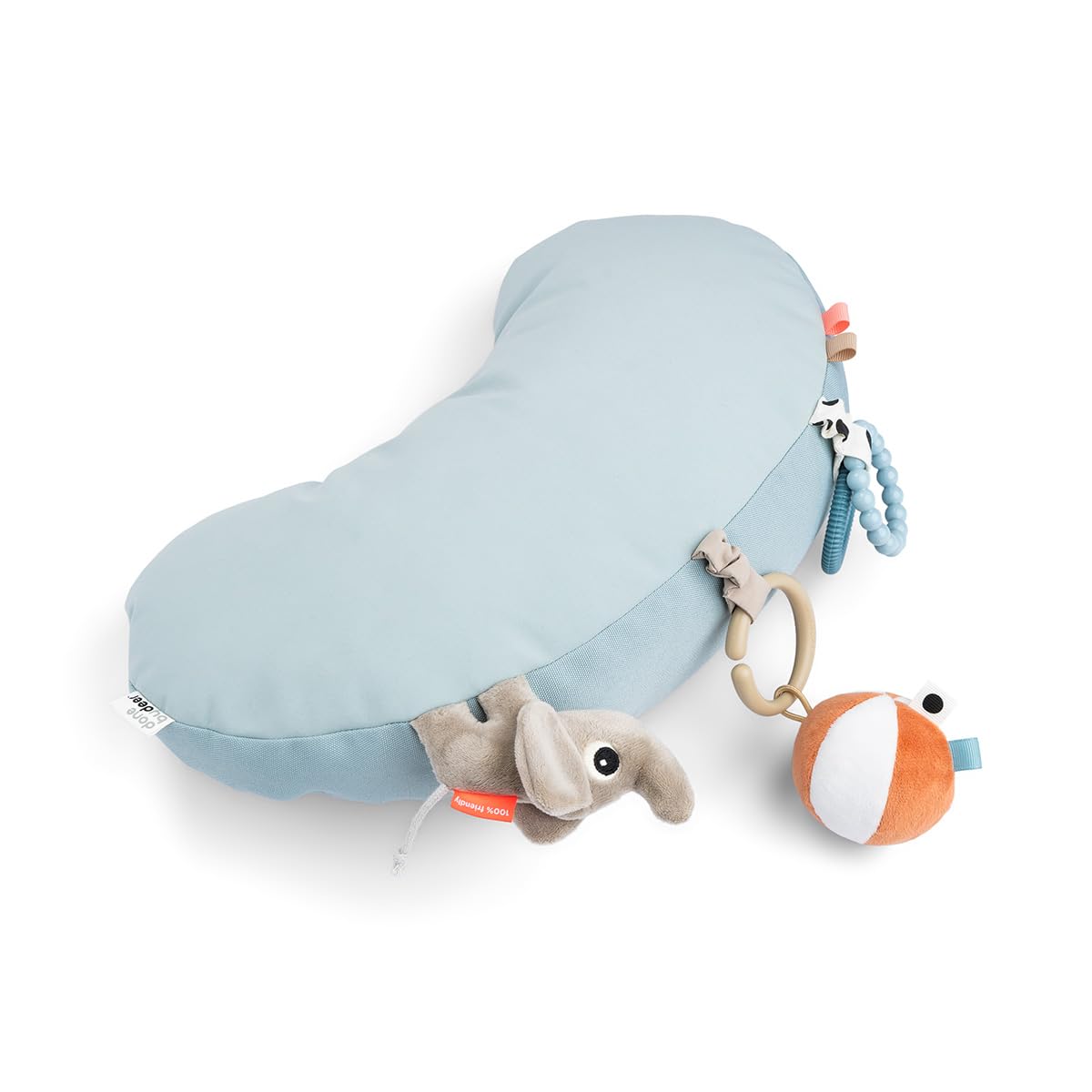 Done by Deer tummy time pillow in Playground Blue, front view with sensory toys for baby play.