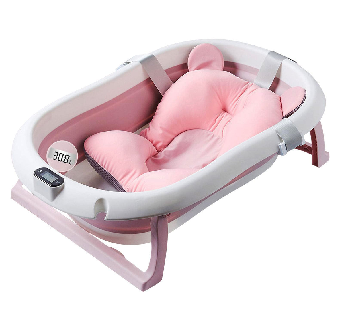 DONJCRUI Baby Bath Foldable Tub Pink with soft mat for comfy baths