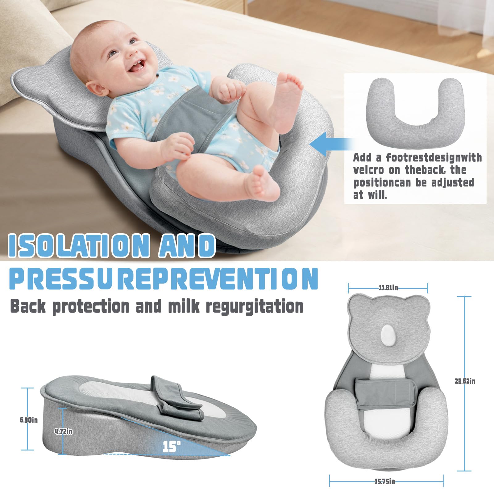 Donpemu reflux pillow footrest adjustable to fit growing babies and reduce strain.