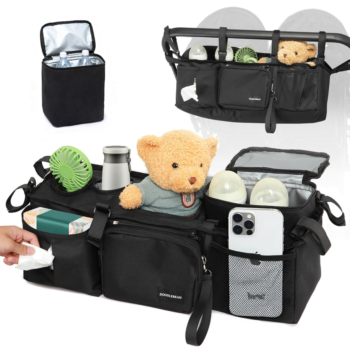 DOODLEBEAN double stroller organizer on Bob Duallie handlebar keeps snacks within reach.