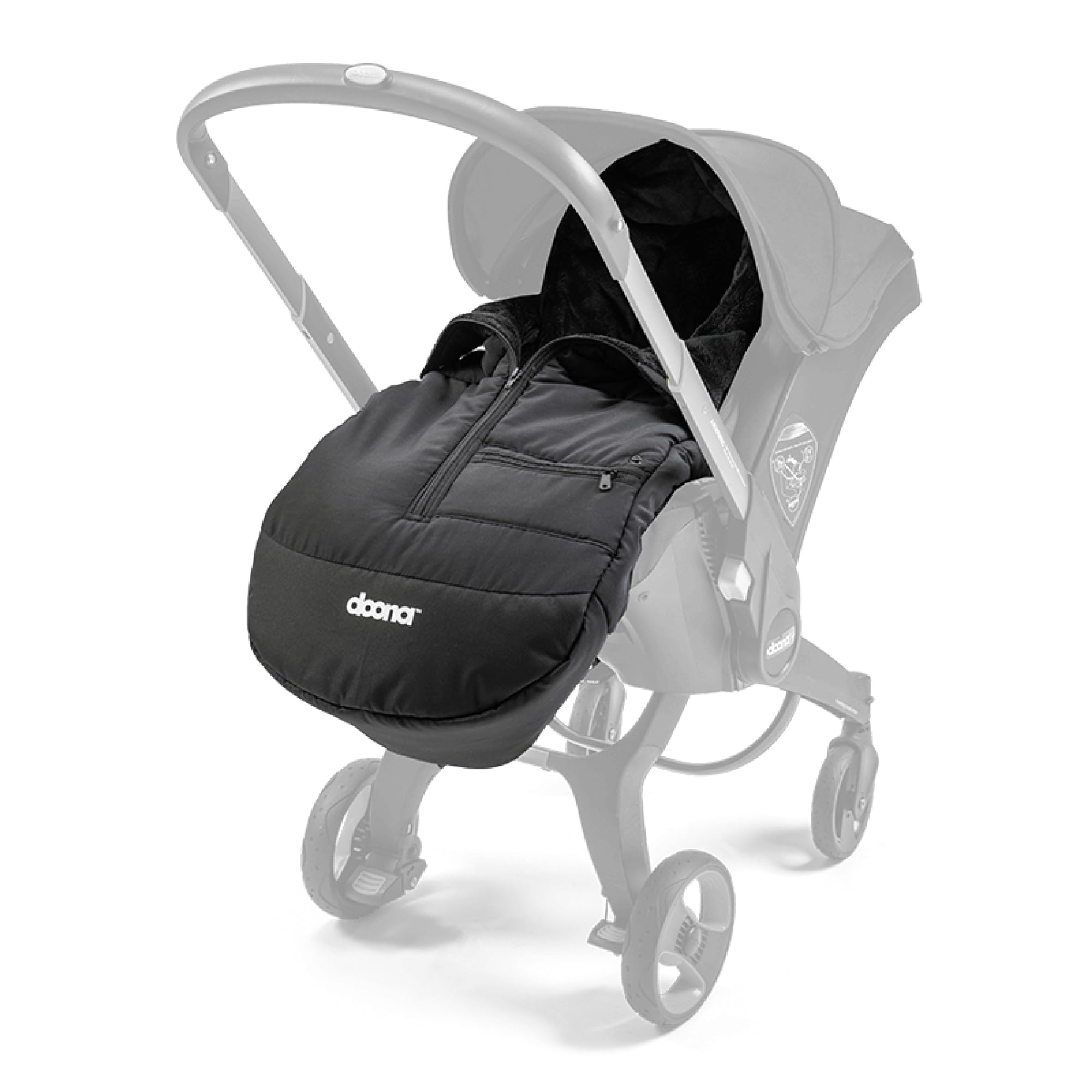 DOONA footmuff attachment system on car seat and stroller for secure winter use.