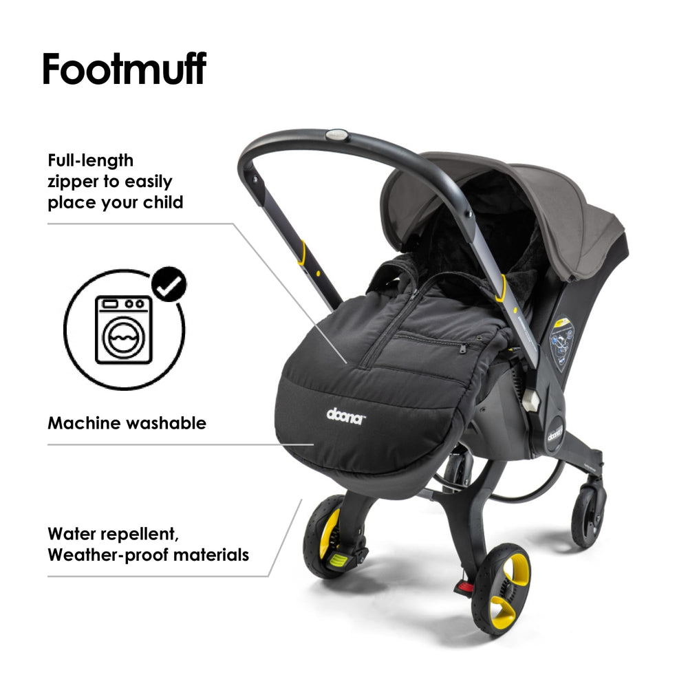 DOONA footmuff full-length-zip on car seat and stroller for easy warming.