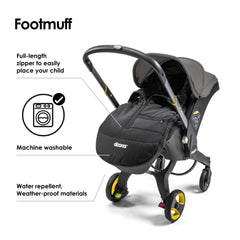 DOONA footmuff full-length-zip on car seat and stroller for easy warming.