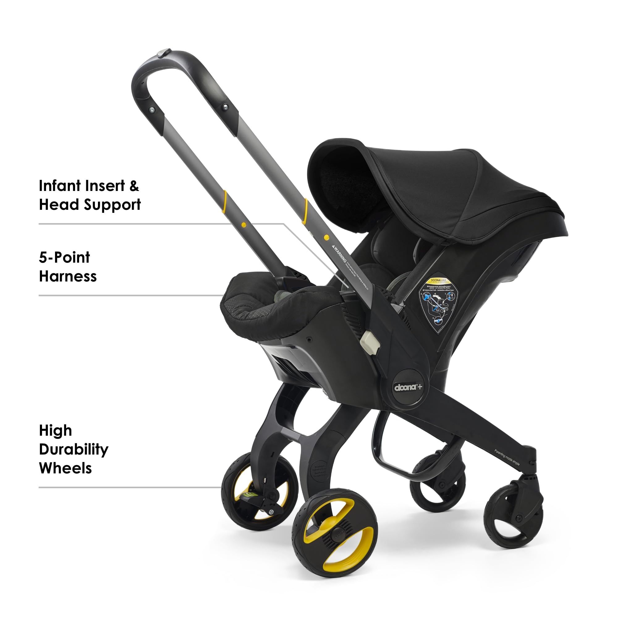 Doona infant-insert-head-support provides near-flat ergonomic support for newborn comfort.