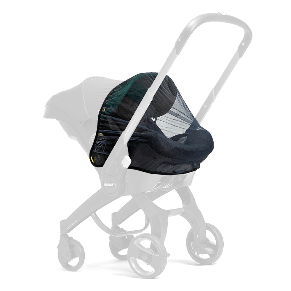 Doona Insect Net on car seat offers clear visibility and airflow.