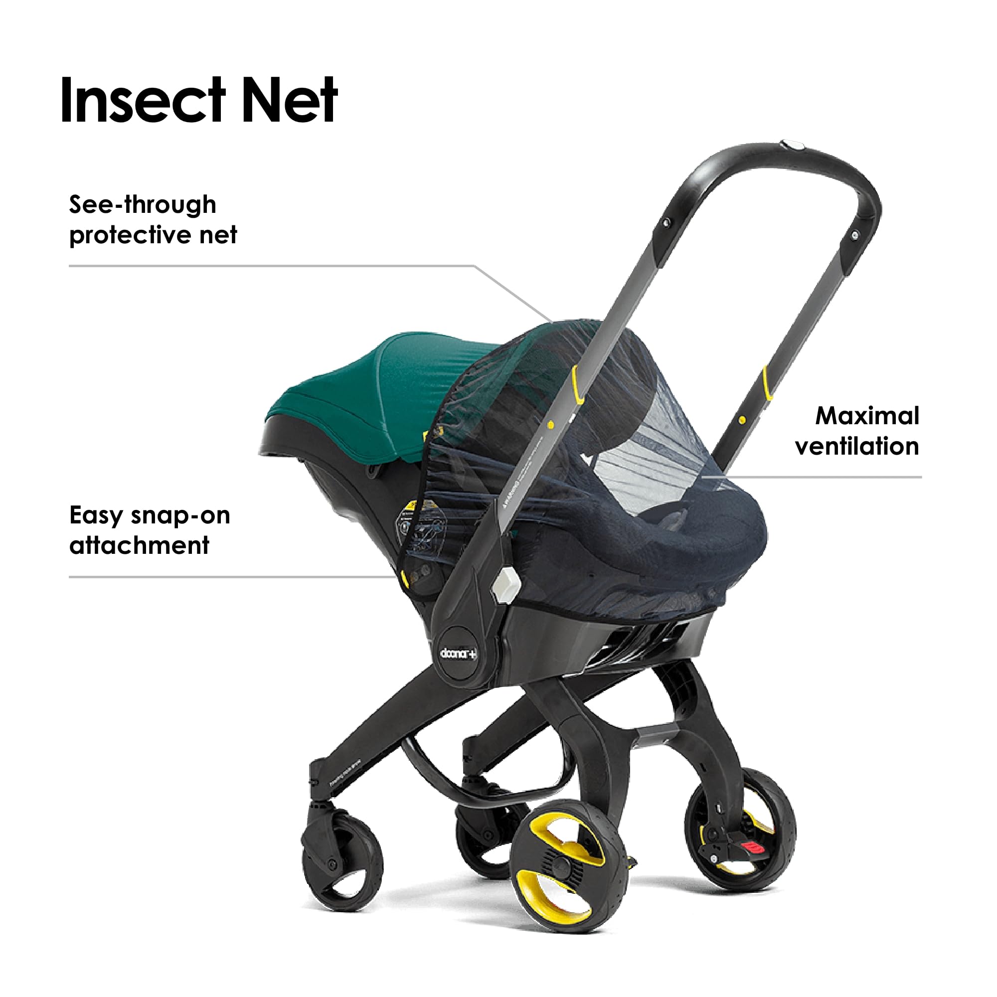 Doona Insect Net attached to stroller with snap-on connectors for quick use.